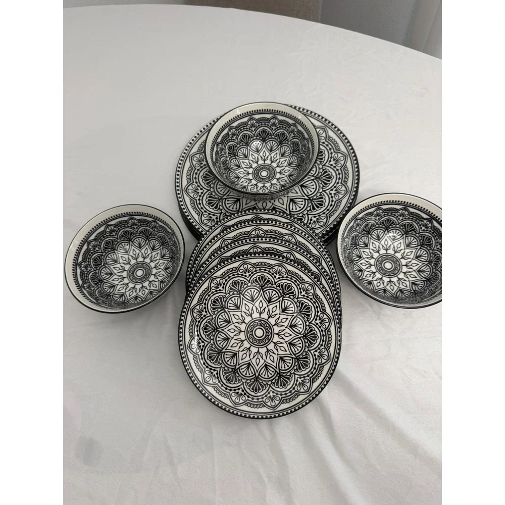 Royal Norfolk Black White Mandala Dinnerware Set Plates Bowls 11 Piece Ceramic